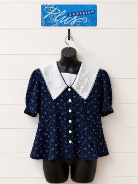 EXPRESS PLUS Navy Blue Sailor Collar Blouse White Print Size 44